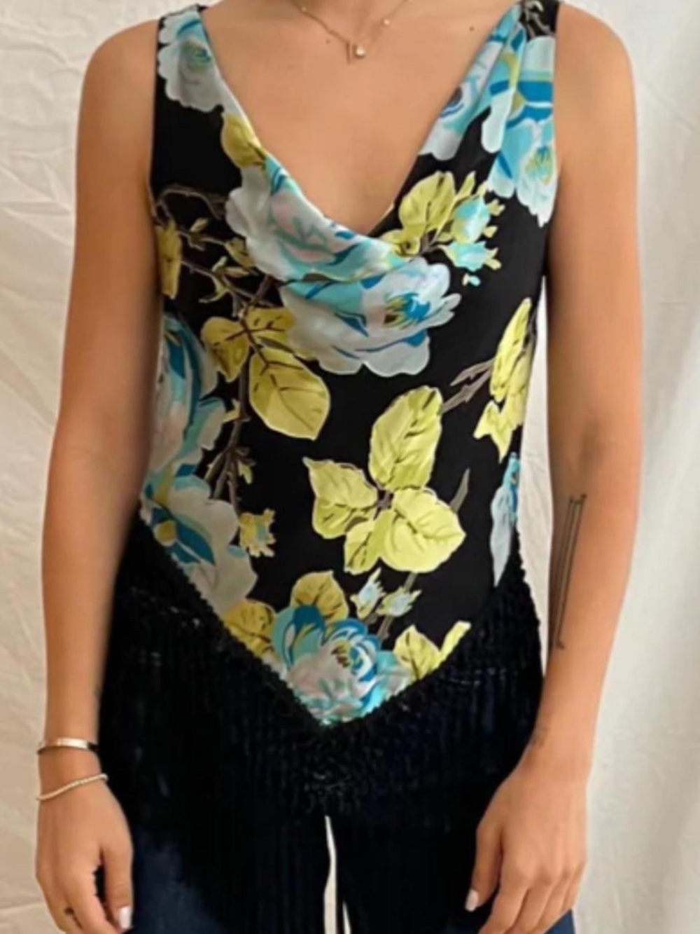 Cache Vintage Y2K Red Floral Burnout Cowl Neck Fringe Tank Top NWT Medium - Picture 8 of 13